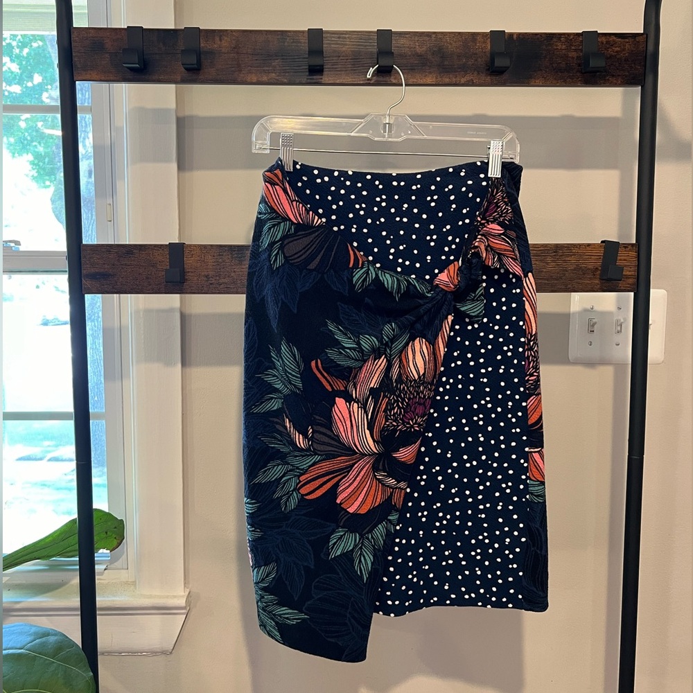 Anthropologie "Maeve" Petal Pop Floral Polka Dot Wrap Skirt Navy